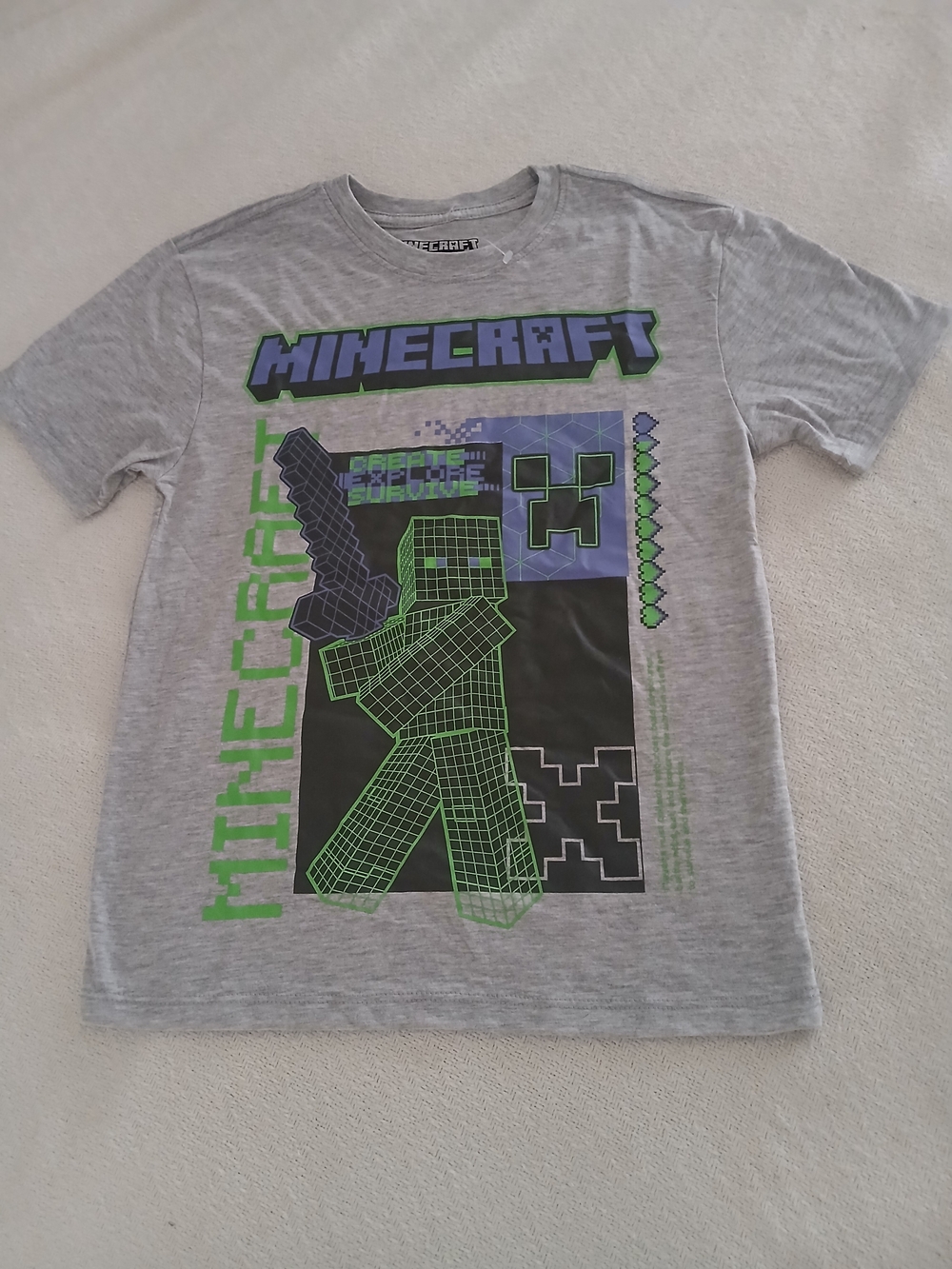 Minecraft Kids' Short Sleeve Tee - Gray with Green & Blue